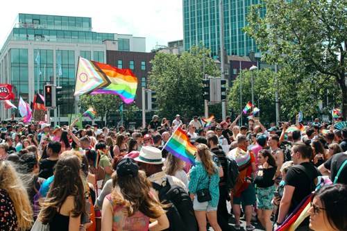 A group of people gather for the Pride Celebration