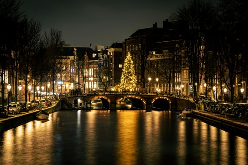 Christmas bridge and tree stock image
