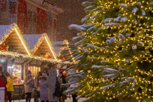 Christmas markets with snow and Christmas tree